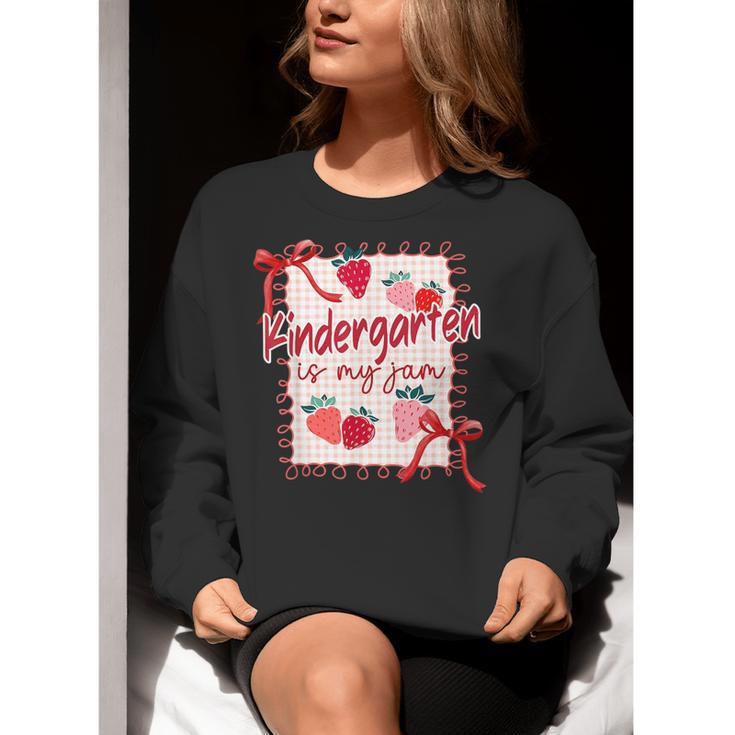 Bow Strawberry Kindergarten Is My Jam Teacher Kinder Team Women Crewneck Sweatshirt, funny gift Bow Strawberry Kindergarten Is My Jam Teacher Kinder Team Women Crewneck Sweatshirt, funny gift