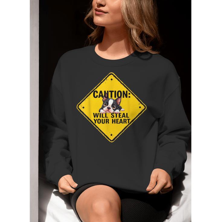 Caution Sign Boston Terrier Dog Bostie Puppy Women Crewneck Sweatshirt, funny gift