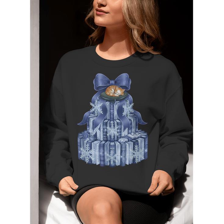 Coquette Bow Book Tree Merry Christmas Xmas Teacher Holiday Women Crewneck Sweatshirt, funny gift