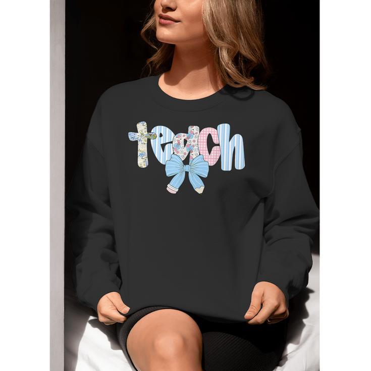 Coquette Bow Teach Teacher Happy First Day Back To School Women Crewneck Sweatshirt, funny gift Coquette Bow Teach Teacher Happy First Day Back To School Women Crewneck Sweatshirt, funny gift
