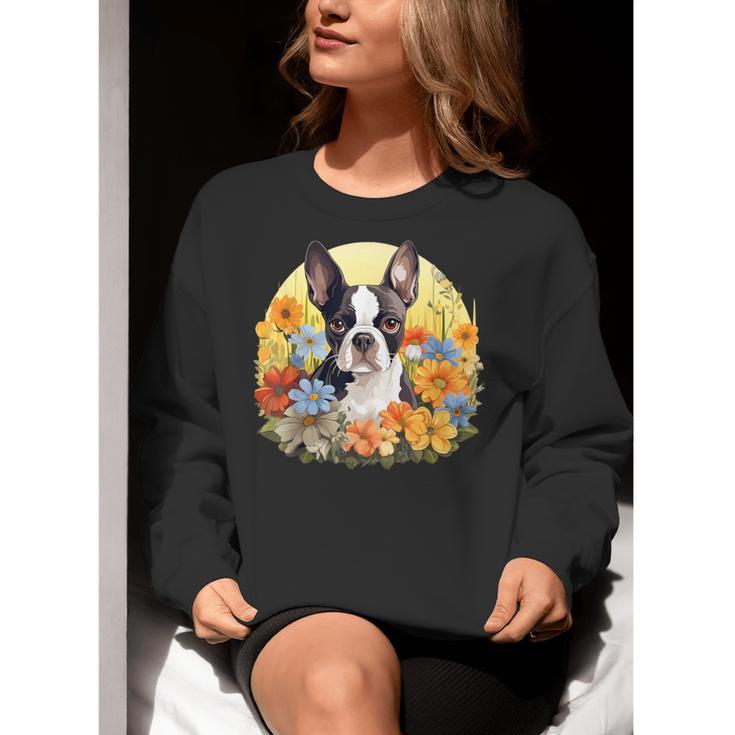 Cute Boston Terrier Spring Flower Garden Colorful Puppy Dog Women Crewneck Sweatshirt, funny gift