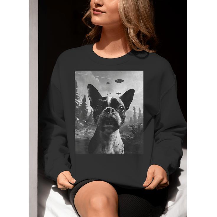 Dog Mom Dad Alien Selfie Boston Terrier UFO For Men Women Women Crewneck Sweatshirt, Boston Terrier Mom Sweatshirts, Boston Terrier Dad Sweatshirts, funny gift