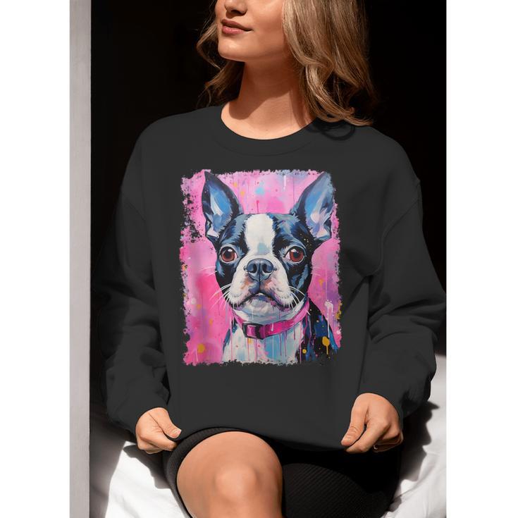 Dog Pink Boston Terrier Women Crewneck Sweatshirt, funny gift
