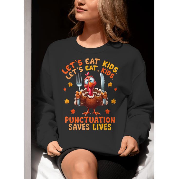 Eat Kids Punctuation Saves Lives Thanksgiving Turkey Teacher Women Crewneck Sweatshirt, funny gift