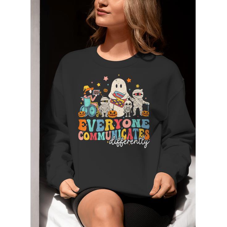 Everyone Communicates Differently Halloween SLP Sped Teacher Women Crewneck Sweatshirt, funny gift
