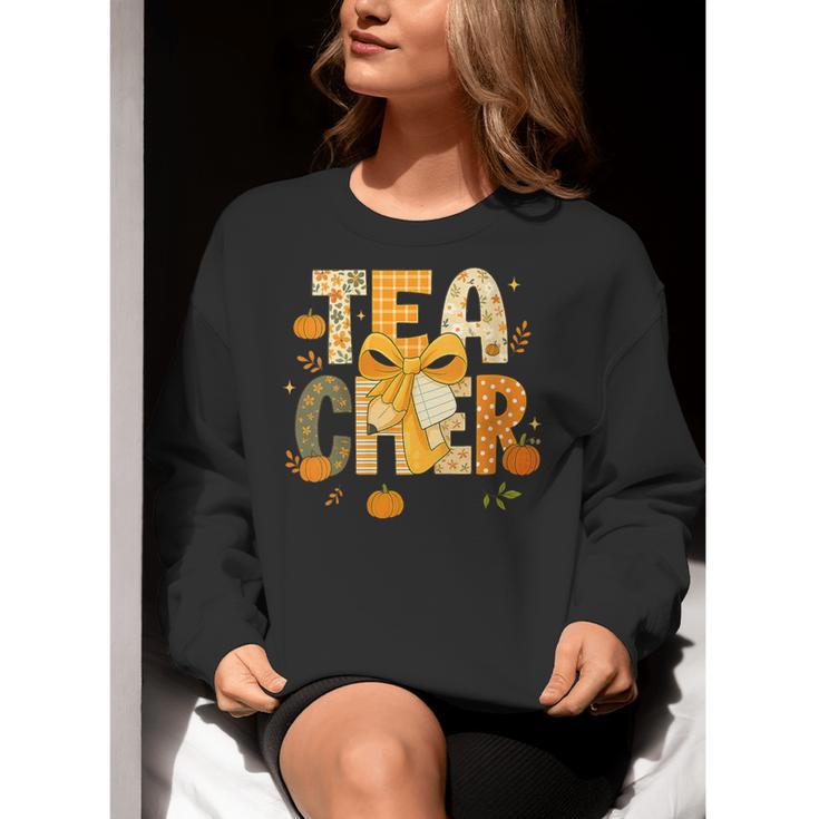 Fall Teacher Pumpkin Coquette Bow Autumn Classroom Women Crewneck Sweatshirt, funny gift