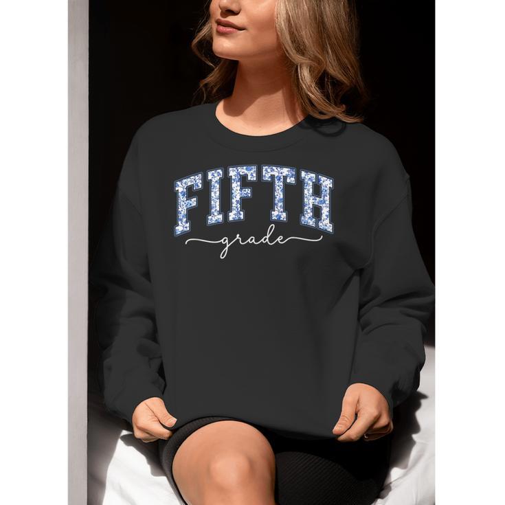 Fifth Grade Coquette Toile Blue Bow Floral Women Teacher Women Crewneck Sweatshirt, funny gift Fifth Grade Coquette Toile Blue Bow Floral Women Teacher Women Crewneck Sweatshirt, funny gift