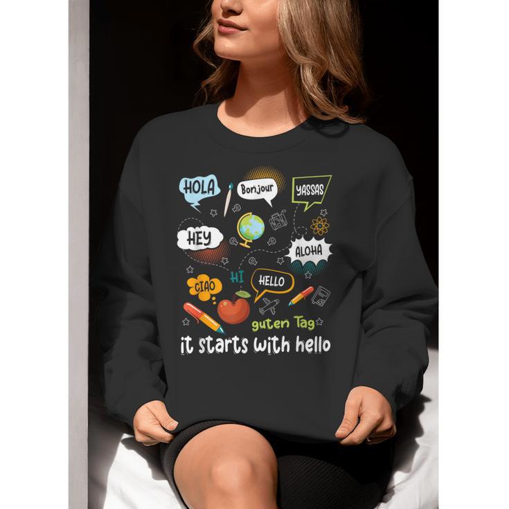 Friendship Inclusion Language Teacher It Starts With Hello Women Crewneck Sweatshirt, funny gift Friendship Inclusion Language Teacher It Starts With Hello Women Crewneck Sweatshirt, funny gift