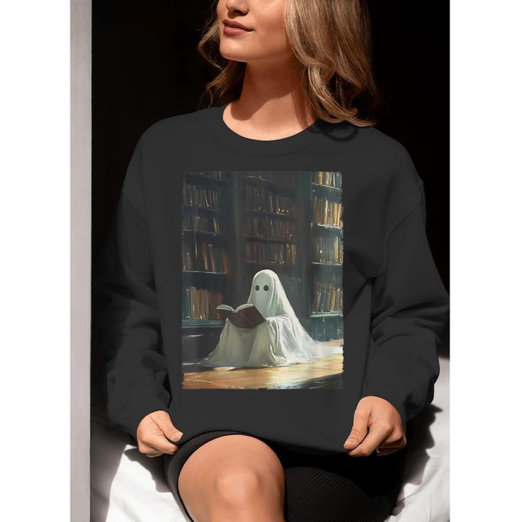 Ghost Library Halloween Book Reading Books Lover Teacher Women Crewneck Sweatshirt, funny gift