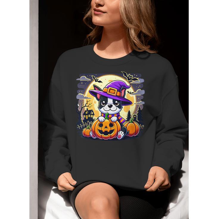 Halloween Boston Terrier Dog Breed With Jack O' Lantern Art Women Crewneck Sweatshirt, Boston Terrier Halloween Sweatshirts, funny gift