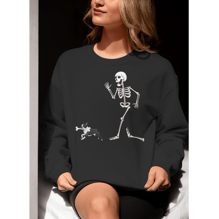Halloween Boston Terrier And Skeleton Women Crewneck Sweatshirt, Boston Terrier Halloween Sweatshirts, funny gift