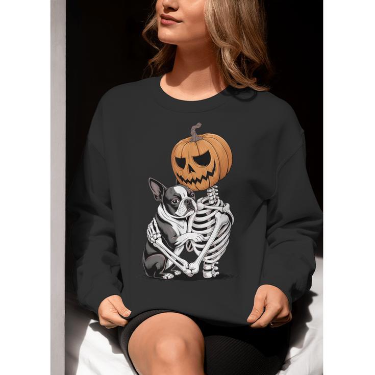 Halloween Skeleton Boston Terrier Women Crewneck Sweatshirt, Boston Terrier Halloween Sweatshirts, funny gift