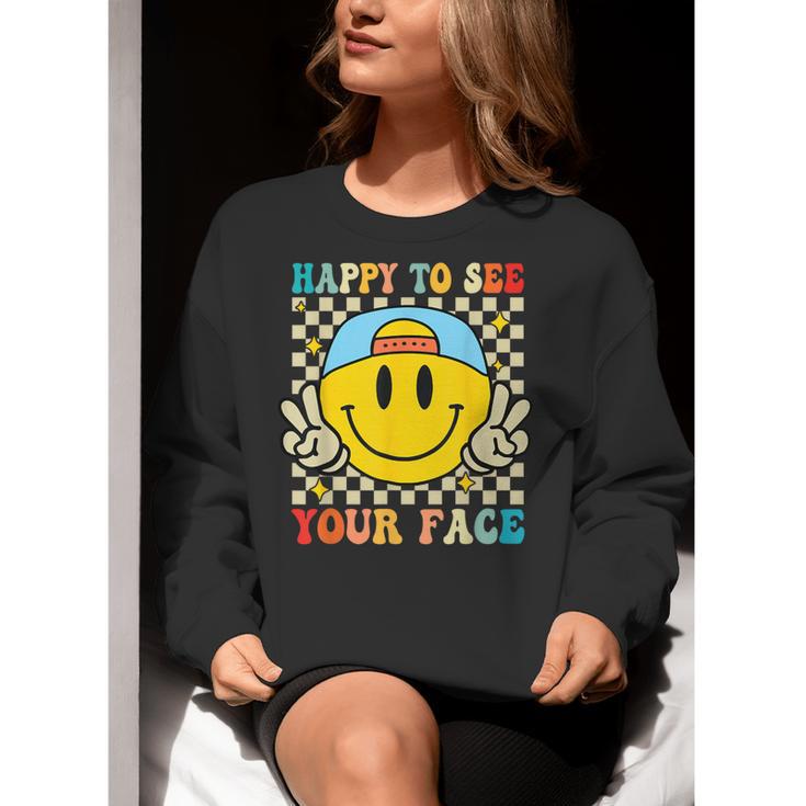 Happy To See Your Face Hippie Smile Back To School Teachers Women Crewneck Sweatshirt, funny gift