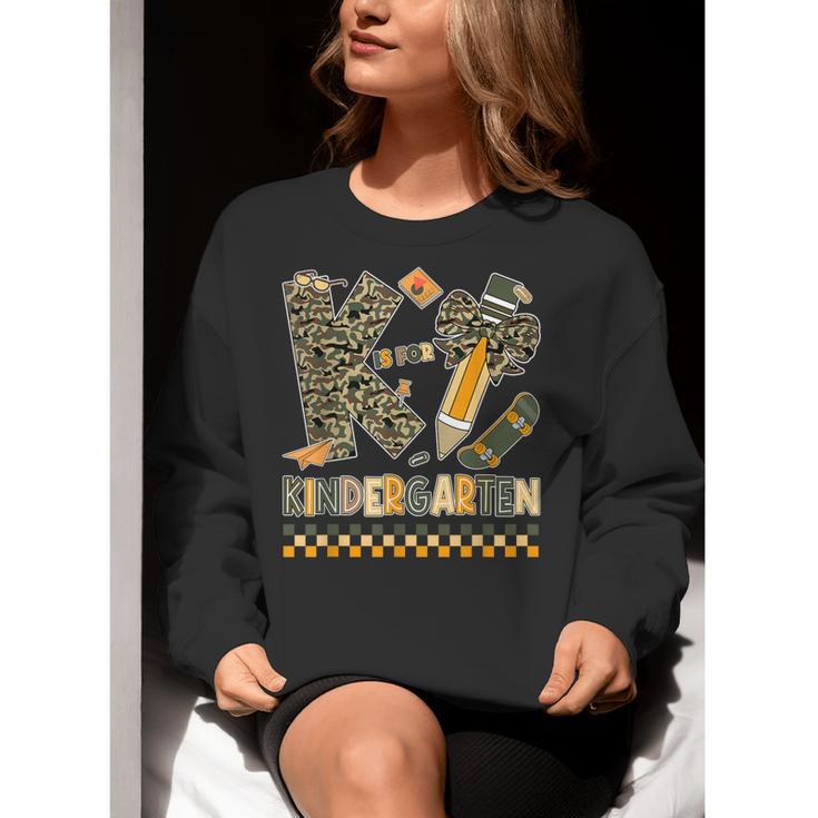 K Is For Kindergarten Teacher Coquette Bow Camo Women Crewneck Sweatshirt, funny gift K Is For Kindergarten Teacher Coquette Bow Camo Women Crewneck Sweatshirt, funny gift