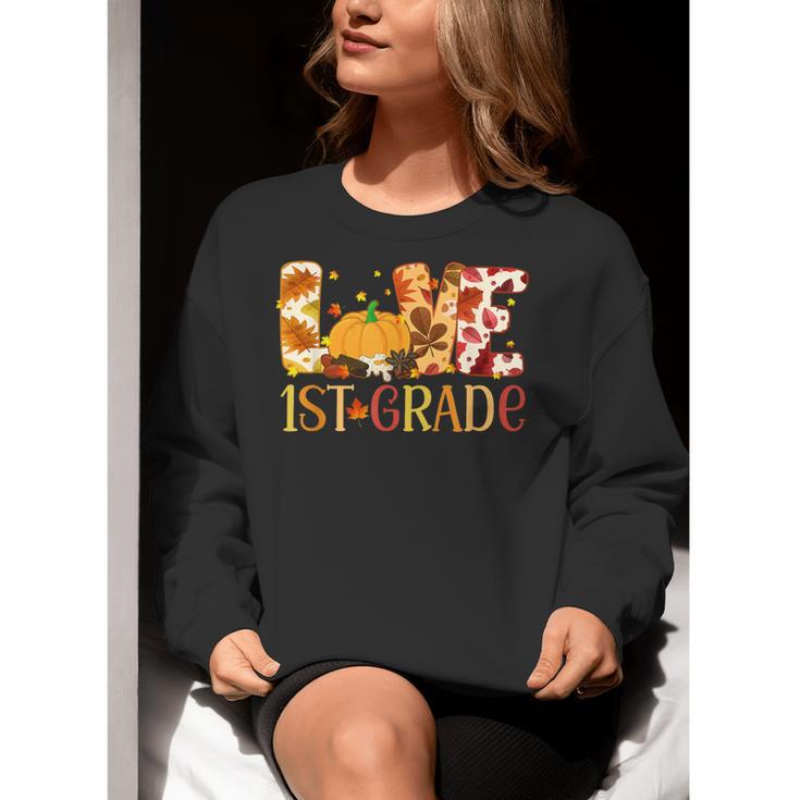 Love First Grade Happy Fall Thanksgiving Women 1st Teacher Women Crewneck Sweatshirt, First Grade Teacher Sweatshirts, funny gift