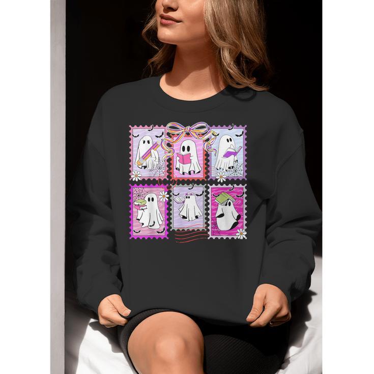 Preppy Spooky Teacher Halloween Ghost Coquette Bow Autumn Women Crewneck Sweatshirt, funny gift