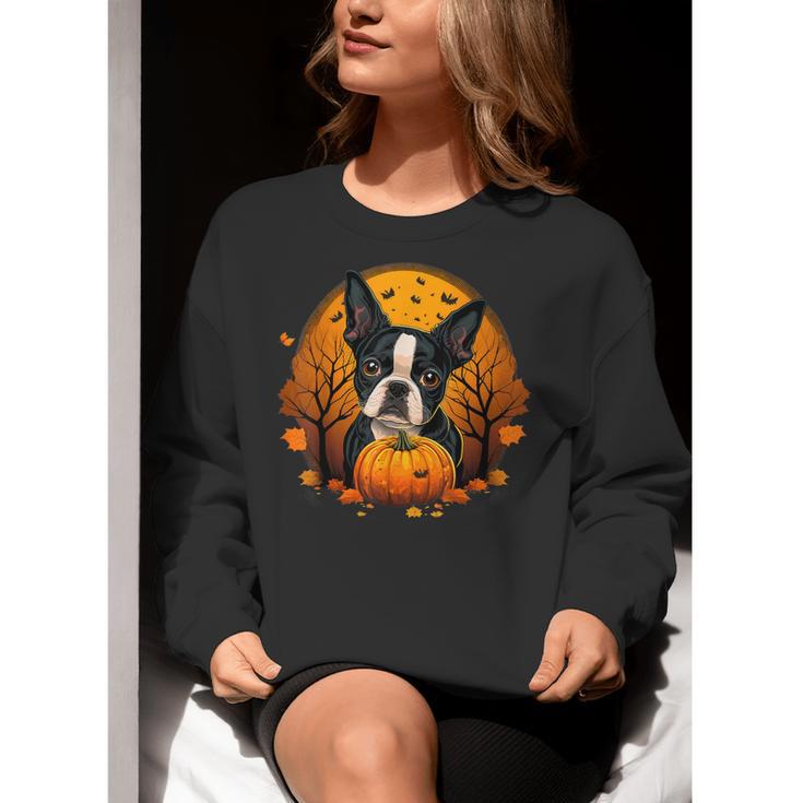 Pumpkin Boston Terrier Costume On Boston Terrier Halloween Women Crewneck Sweatshirt, Boston Terrier Halloween Sweatshirts, funny gift