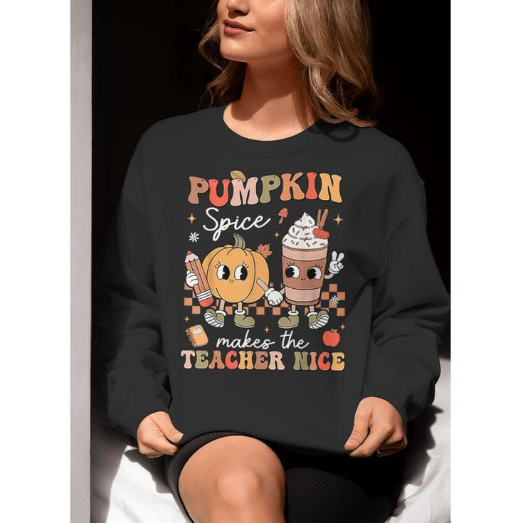 Pumpkin Spice Makes Teacher Nice Retro Fall Spooky Season Women Crewneck Sweatshirt, funny gift Pumpkin Spice Makes Teacher Nice Retro Fall Spooky Season Women Crewneck Sweatshirt, funny gift