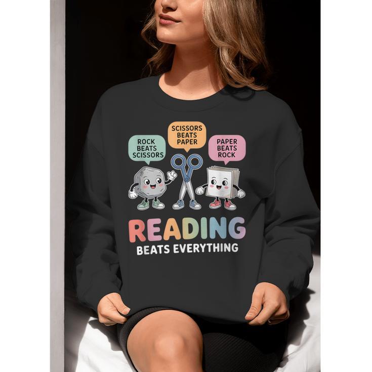 Reading Beats Everything Teacher Rock Paper Scissors Women Crewneck Sweatshirt, funny gift
