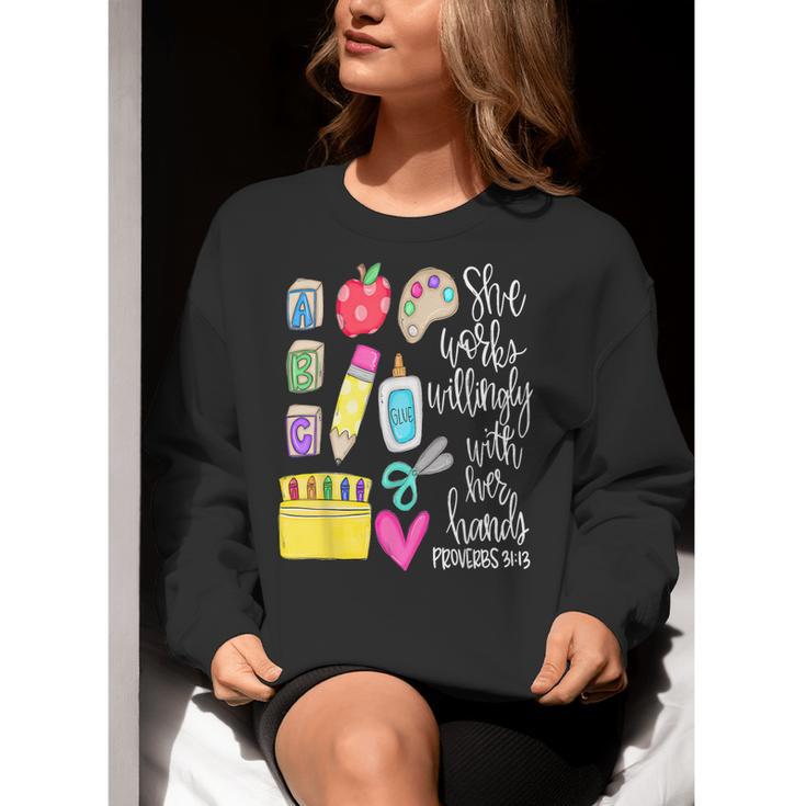 She Works Willingly With Her Hands Proverbs Daycare Teacher Men Women Women Crewneck Sweatshirt, funny gift She Works Willingly With Her Hands Proverbs Daycare Teacher Men Women Women Crewneck Sweatshirt, funny gift