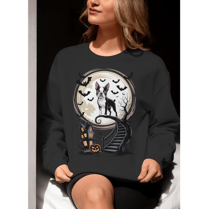 Spooky Halloween Moon Boston Terrier Boston Bull Bostie Women Crewneck Sweatshirt, Boston Terrier Halloween Sweatshirts, funny gift