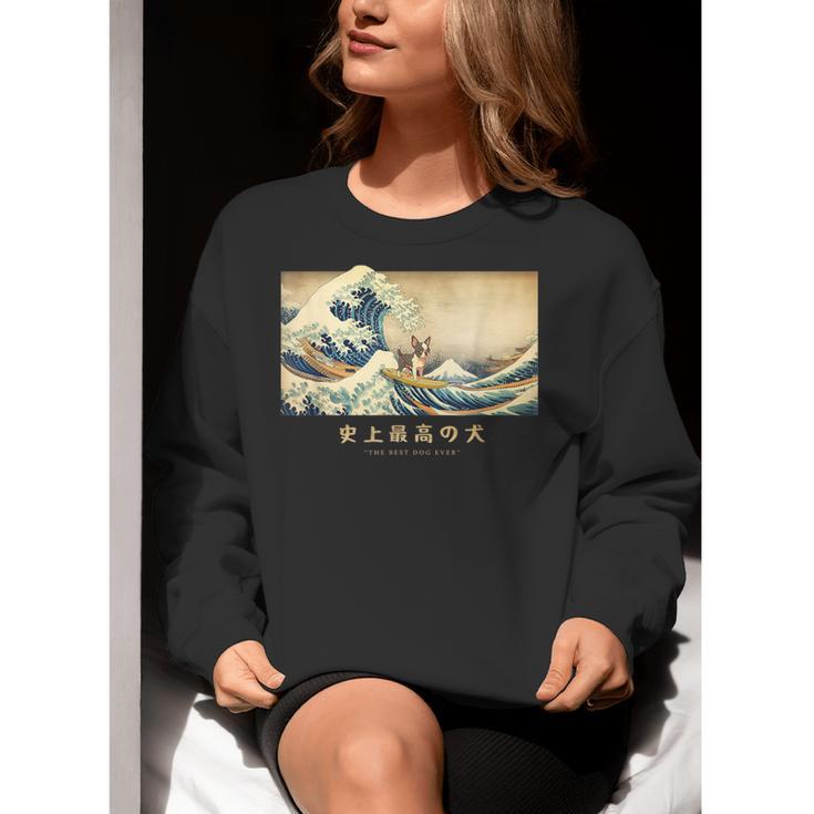 Surfing Boston Terrier Kanagawa Wave Japanese Dog For Men Women Kids Women Crewneck Sweatshirt, funny gift