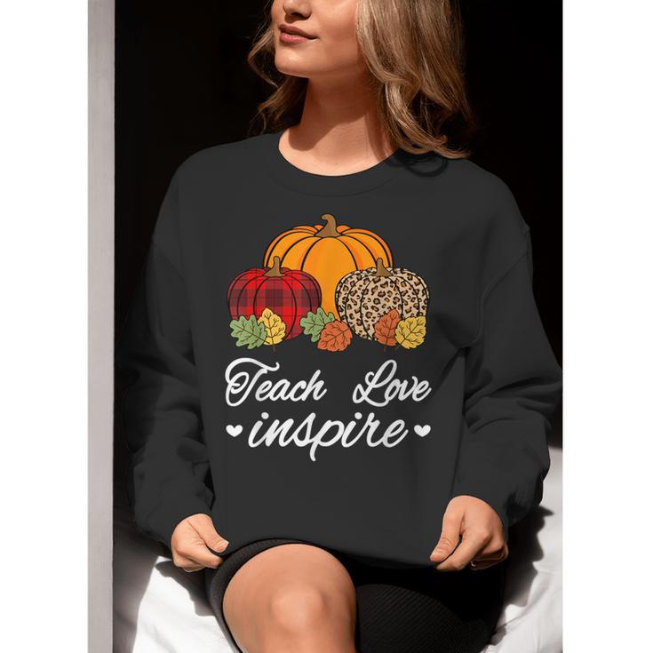 Teach Love Inspire Autumn Fall Plaid Leopard Pumpkin Teacher For Men Women Kids Women Crewneck Sweatshirt, funny gift