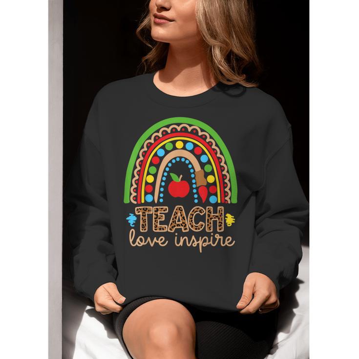 Teach Love Inspire Rainbow Leopard Cheetah Print Teacher Women Crewneck Sweatshirt, funny gift