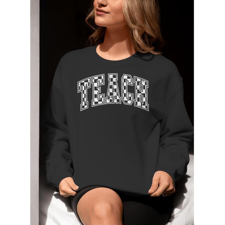 Teach Teacher Checkered First Day Of School Back To School Women Crewneck Sweatshirt, funny gift Teach Teacher Checkered First Day Of School Back To School Women Crewneck Sweatshirt, funny gift
