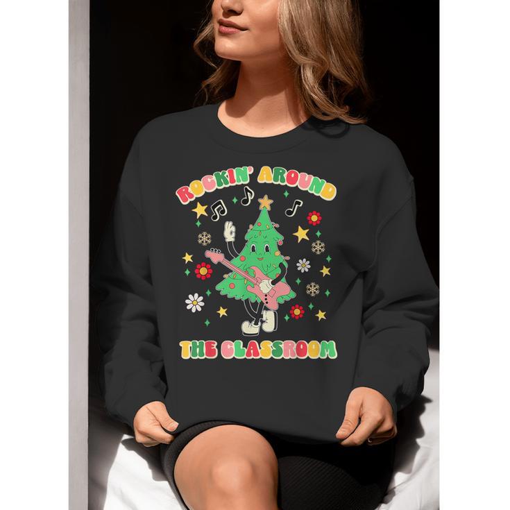 Teacher Christmas Shirts Pajama Matching Rockin' Around The Classroom -Adult Short Sleeve Small Modern Festive Christmas Teacher Xmas Vibes T-Shirt Women Crewneck Sweatshirt, funny gift