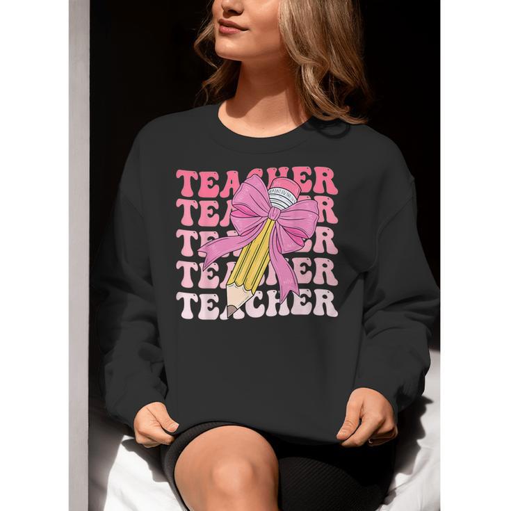 Teacher Pencil Back To School Groovy Pink Teacher First Day Women Crewneck Sweatshirt, Groovy Teacher Sweatshirts, funny gift