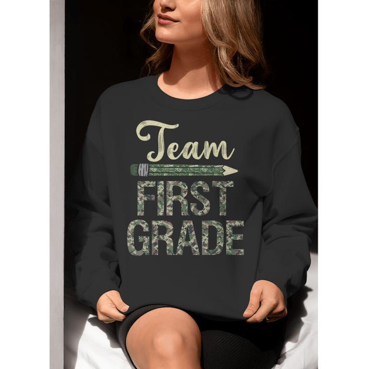 Team First Grade Camo 1st Grade Teacher Camouflage Women Crewneck Sweatshirt, First Grade Teacher Sweatshirts, funny gift