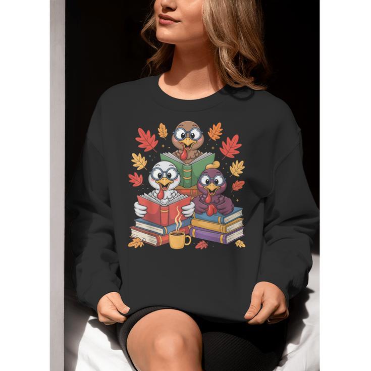 Thanksgiving Teacher Books Turkey Reading Book Women Crewneck Sweatshirt, funny gift