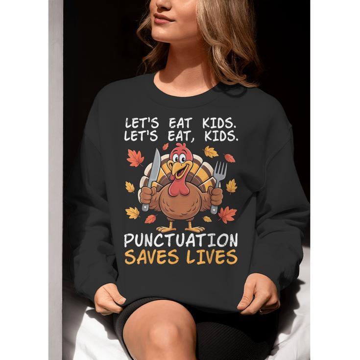 Thanksgiving Teacher Turkey Lets Eat Kids Punctuation Women Crewneck Sweatshirt, funny gift