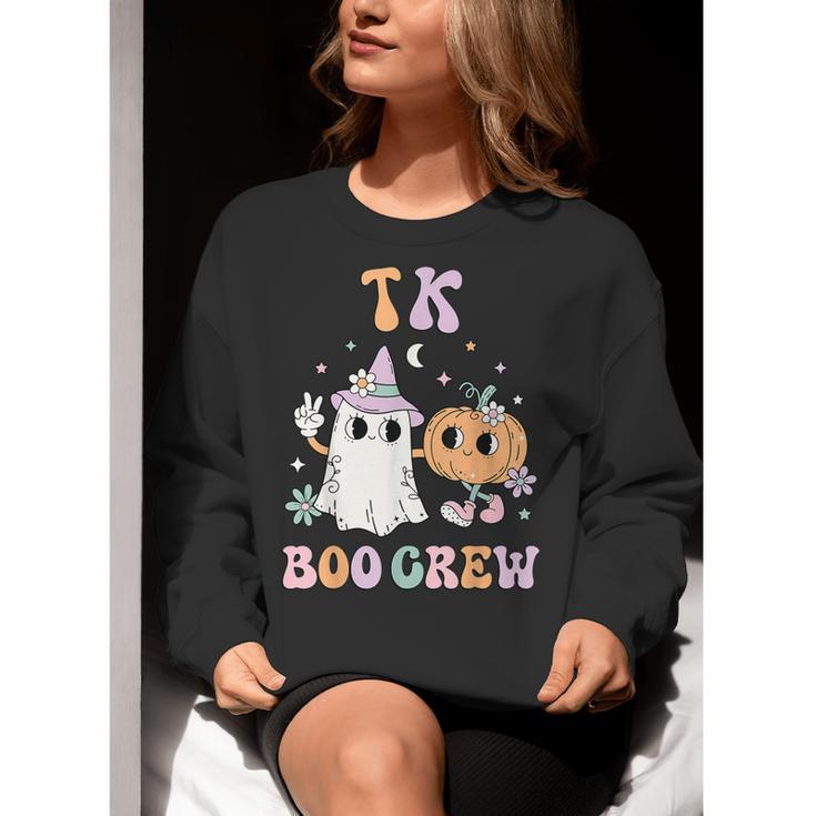 TK Boo Crew Retro Groovy Halloween Floral Ghost TK Teacher Men Women Kids Women Crewneck Sweatshirt, Groovy Teacher Sweatshirts, funny gift