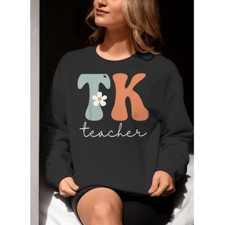 TK Teacher Retro Groovy Vintage Happy First Day Of School Women Crewneck Sweatshirt, Groovy Teacher Sweatshirts, funny gift
