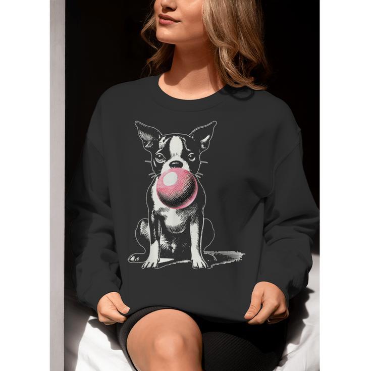 Vintage Boston Terrier Blowing Bubble Gum American Gentleman Women Crewneck Sweatshirt, American Boston Terrier Sweatshirts, funny gift