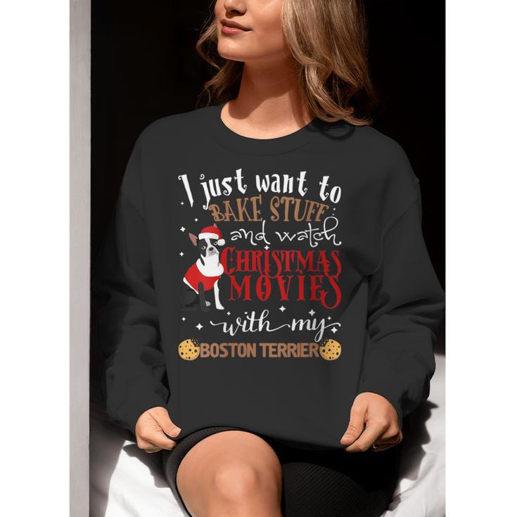 Watch Christmas Movies With My Boston Terrier Bostie Women Crewneck Sweatshirt, Boston Terrier Christmas Sweatshirts, funny gift