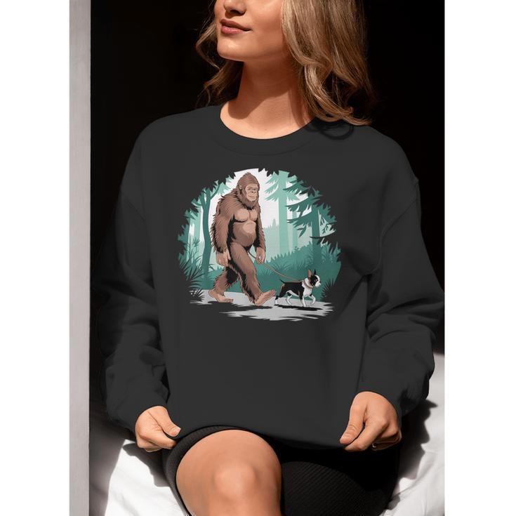 Whimsical Forest Adventures Sasquatch Bigfoot Walking Boston Terrier Dog Lovers Women Crewneck Sweatshirt, funny gift