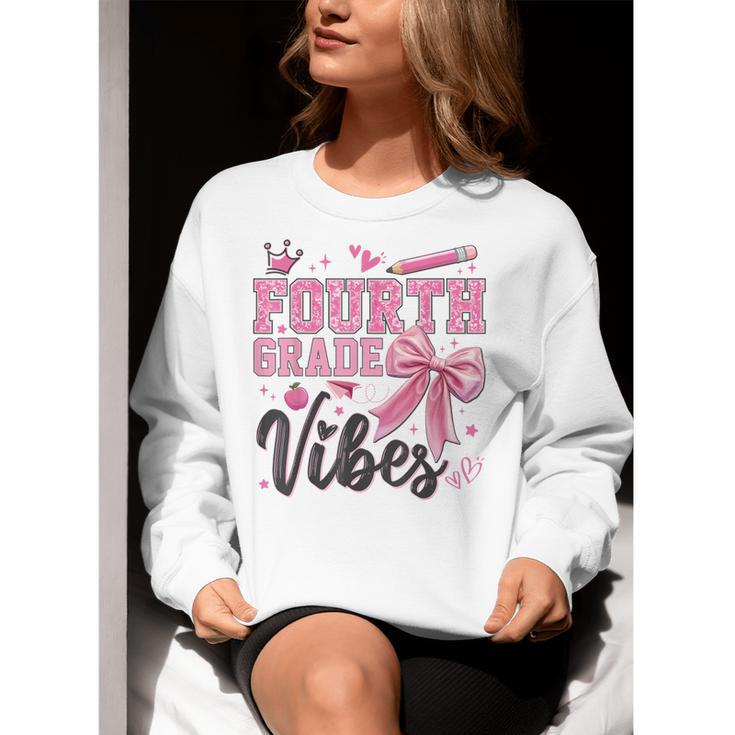 4th Fourth Grade Vibes Back To School Coquette Teacher Girl Women Crewneck Sweatshirt, 4th Grade Teacher Sweatshirts, funny gift
