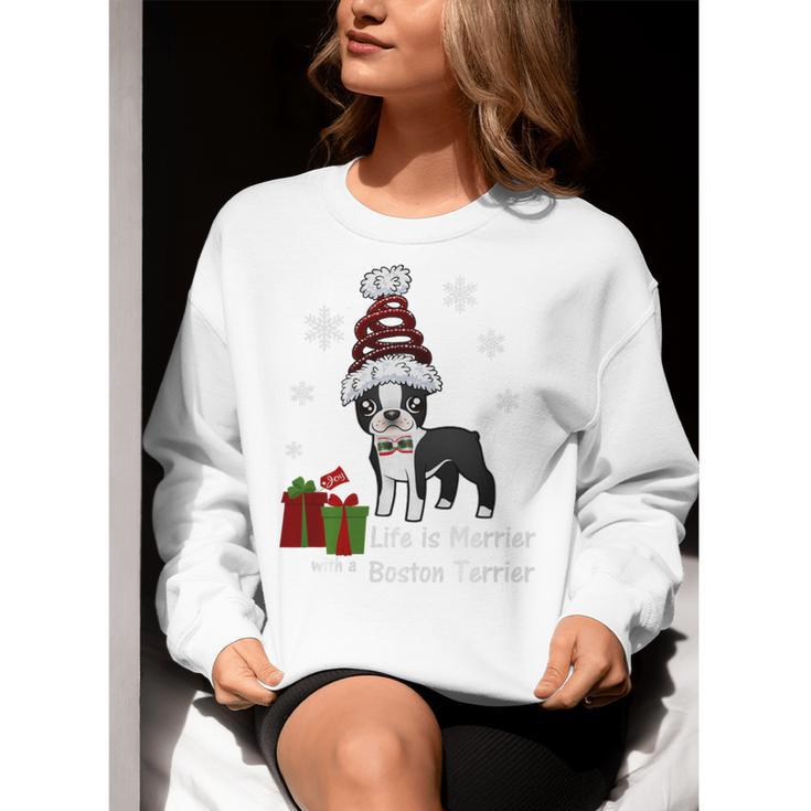 Boston Terrier Christmas T Shirt-Life Is Merrier Premium Tri-Blend Women Crewneck Sweatshirt, Boston Terrier Christmas Sweatshirts, funny gift