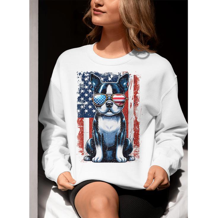 Boston Terrier Dog American USA US Flag Pets Vintage Outfit Women Crewneck Sweatshirt, American Boston Terrier Sweatshirts, funny gift