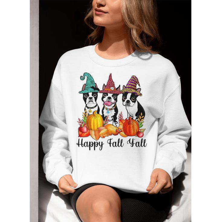 Boston Terrier Dog Lover Fall Ya'Ll Halloween Costume Men Women Women Crewneck Sweatshirt, Boston Terrier Halloween Sweatshirts, funny gift