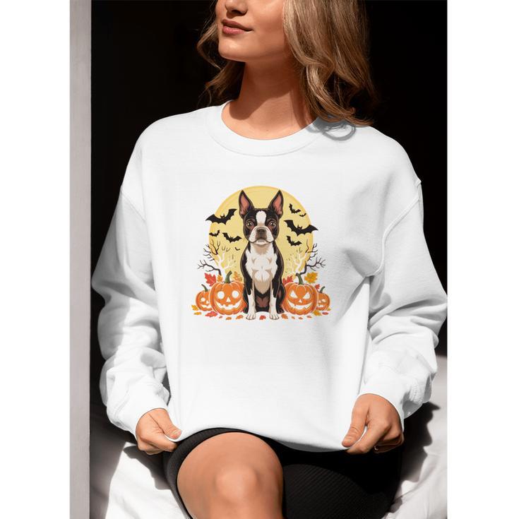Boston Terrier Halloween Dog Lover Pumpkin Costume Women Crewneck Sweatshirt, Boston Terrier Halloween Sweatshirts, funny gift