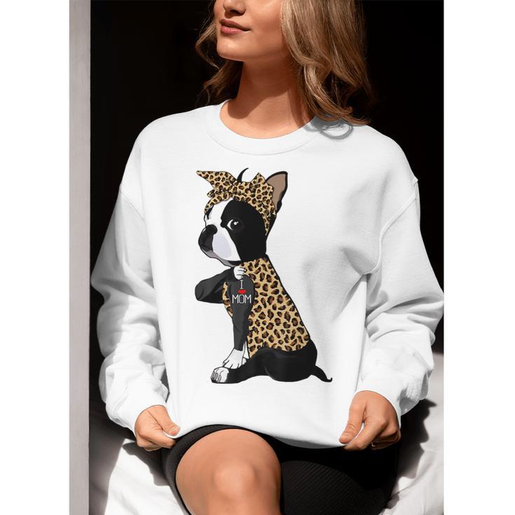 Boston Terrier Lover I Love Mom Tattoo Leopard Women Crewneck Sweatshirt, Boston Terrier Mom Sweatshirts, funny gift