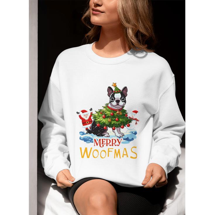 Boston Terrier Merry Christmas Tree Lights Dog X-Mas Dogs Women Crewneck Sweatshirt, Boston Terrier Christmas Sweatshirts, funny gift