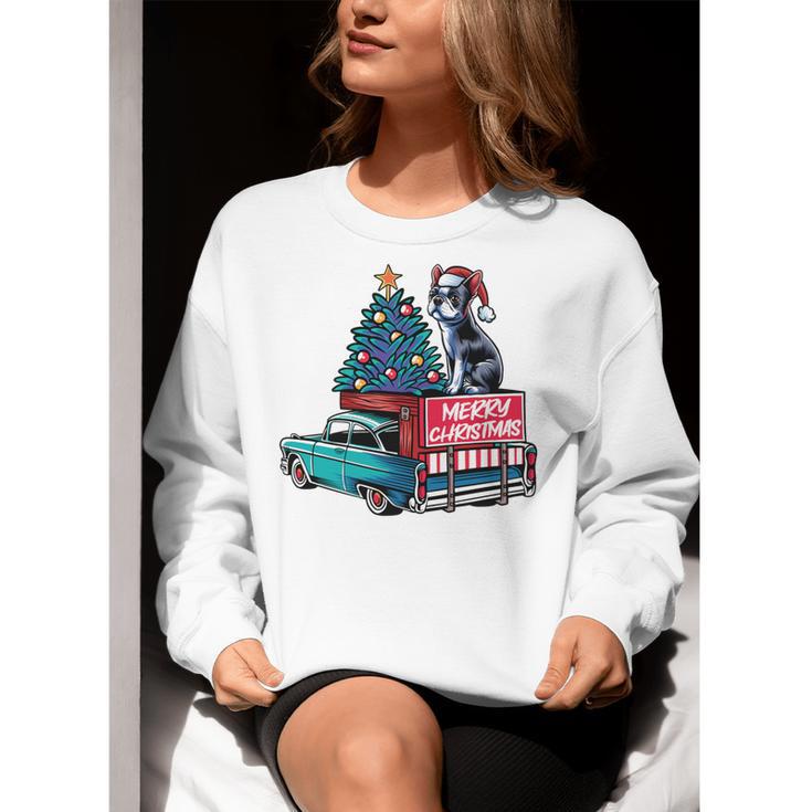 Boston Terrier Merry Christmas Tree Truck Santa Dog X-Mas Women Crewneck Sweatshirt, Boston Terrier Christmas Sweatshirts, funny gift