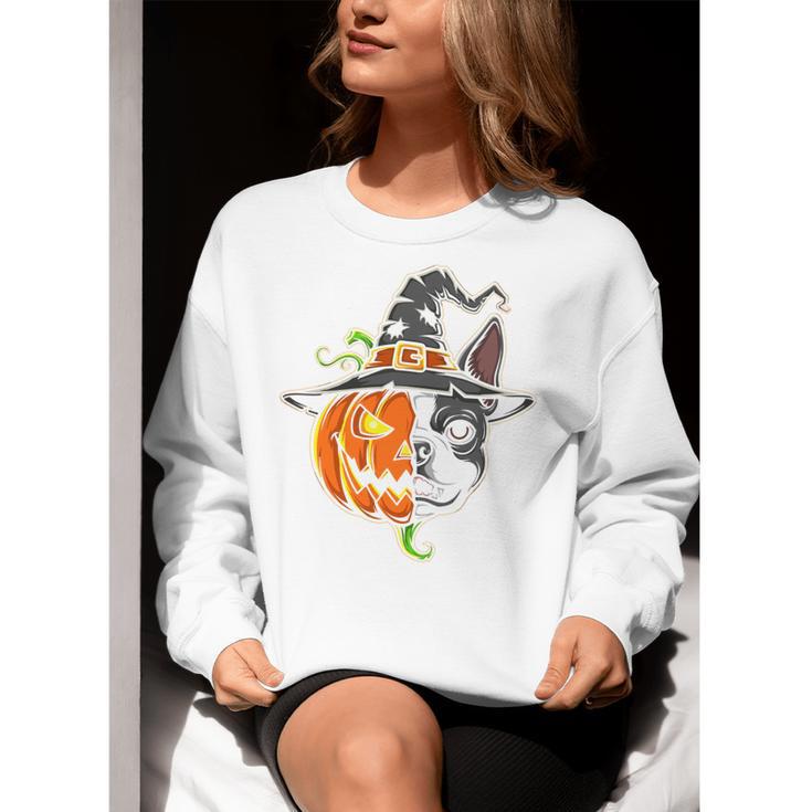 Boston Terrier Pumpkin Jack O Lantern Halloween Women Crewneck Sweatshirt, Boston Terrier Halloween Sweatshirts, funny gift
