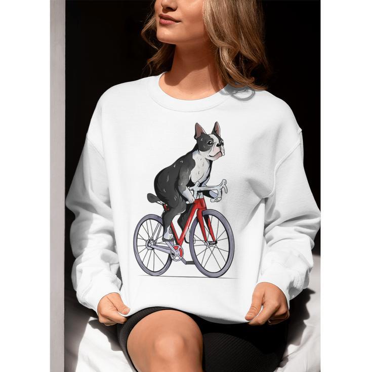 Boston Terrier Riding Bicycle Cute Bostie Biker Raglan Baseball Tee Women Crewneck Sweatshirt, Boston Terrier Riding Sweatshirts, funny gift