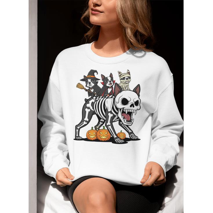 Boston Terrier Skeleton Mummy Witch Halloween Women Crewneck Sweatshirt, Boston Terrier Halloween Sweatshirts, funny gift